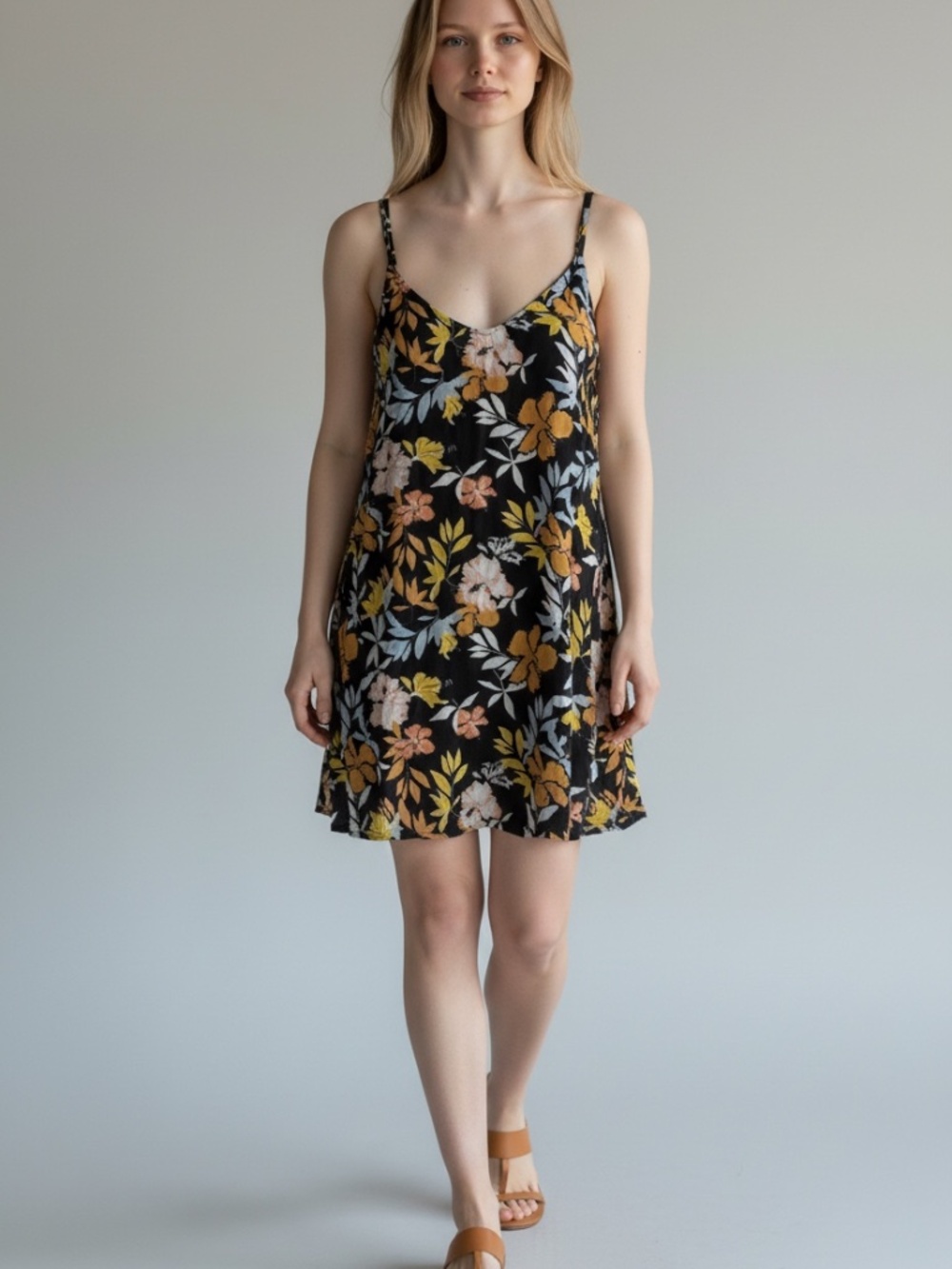 Roxy Beachy Vibes Floral Mini Slip Dress Black Orange Yellow Medium